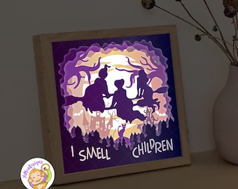 Flying Witches Halloween Shadow Box Template, 3D Paper Cut, Cricut SVG (Digital File)