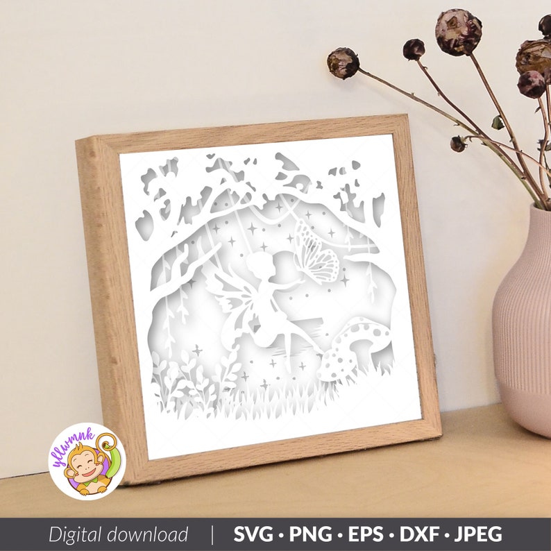 Fairy 3D Shadow box Template, Butterfly Paper Cut Light Box, Shadowbox card Cricut, Silhouette files, SVG Digital File 8x8inch image 4