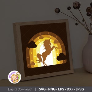 Modèle de boîte d’ombre 3D Licorne, boîte lumineuse de papier de licorne arc-en-ciel, carte Shadowbox Cricut, fichiers de silhouette, fichier numérique SVG (8x8 pouces)