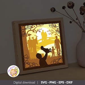 Modello di scatola di ombre 3D per la festa del papà, Scatola luminosa taglio carta regalo padre figlio, carta Shadowbox Cricut, file silhouette, file digitale, SVG (8x8 pollici)