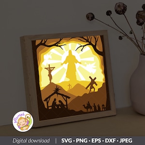 He is Risen 3D Shadow box Template, Easter Jesus Paper Cut Light Box, Shadowbox card Cricut, Silhouette files, Digital File, SVG (8x8inch)