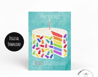 Beary great birthday card/colorful birthday card/printable birthday cake card/digital birthday card/cute birthday greeting/instant download