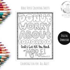 Donut Worry Coloring/Dont worry about tomorrow scripture/Donut Pun/memory verse/Childrens Coloring Pages/anxiety coloring/sunday school