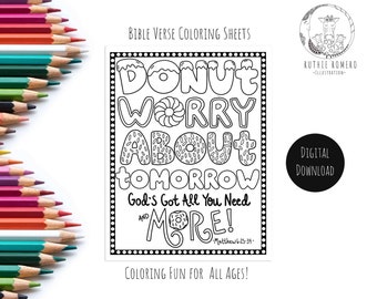 Donut Worry Coloring/Dont worry about tomorrow scripture/Donut Pun/memory verse/Childrens Coloring Pages/anxiety coloring/sunday school