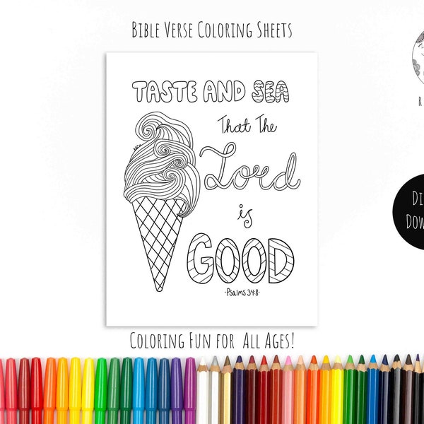 Taste and See/Ice Cream Color Page/Psalms Coloring/Christian Scripture Coloring/OceanColoring/bible verse coloring/sea theme coloring