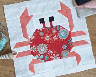 Crab Nautical Quilt Block Pattern, machine pieced, digital PDF instant download