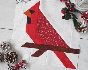 Cardinal Quilt Block Pattern, machine pieced, PDF instant download, left and right facing cardinal bird pattern, Christmas quilt pattern
