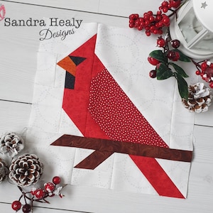 Kardinal Quilt-Block-Muster, Maschinenstich, PDF-Sofort-Download, links und rechts ausgerichtetes Kardinalvogel-Muster, Weihnachts-Quiltmuster