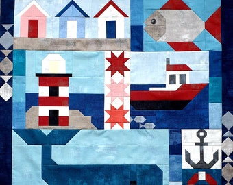 Nautical Quilt Pattern, machine pieced, Instant PDF Digital Download, Gull, Crab, Fish, Lighthouse, Boat, Anchor, Seahorse, Whale and more!