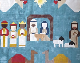 Holy Night Nativity Quilt Pattern, machine pieced, Instant PDF Download. Contains shepherd, angel, stable, wise men, camel & star blocks