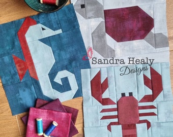 Nautical Quilt Three Piece Pattern Bundle, machine pieced, Turtle, Lobster and Seahorse quilt block patterns