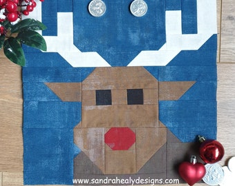 Reindeer Christmas quilt block pattern, machine pieced, PDF Digital instant download