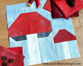 毒キノコキルトのブロックパターン：6インチと12インチのキノコデザイン（PDFダウンロード）