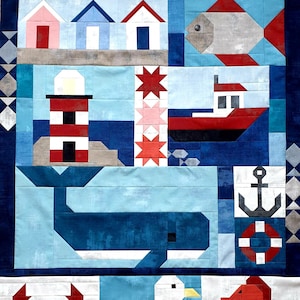 Nautical Quilt Pattern, machine pieced, Instant PDF Digital Download, Gull, Crab, Fish, Lighthouse, Boat, Anchor, Seahorse, Whale and more!