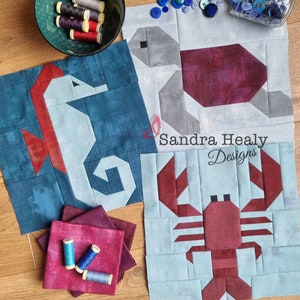 Nautical Quilt Three Piece Pattern Bundle, machine pieced, Turtle, Lobster and Seahorse quilt block patterns