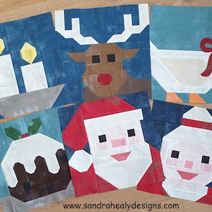 Christmas Six Piece Quilt Block Pattern Bundle, instant download PDF pattern includes Santa, Mrs Claus, reindeer, candle, pudding and goose image 1