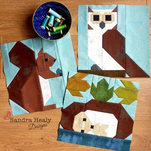 Woodland Quilt Pattern Bundle (3 Piece): Squirrel, Owl and Hedgehog quilt block patterns, machine pieced, Instant PDF Digital download