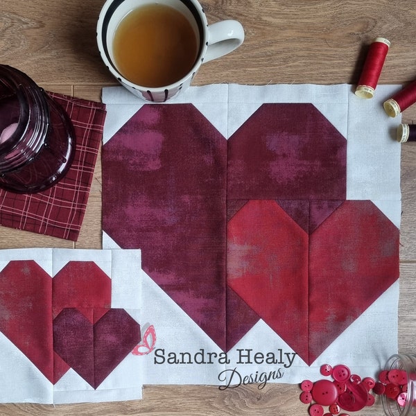 heart valentine quilt block pattern, machine pieced, Instant PDF digital download