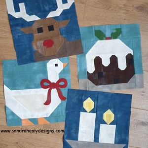 Christmas Six Piece Quilt Block Pattern Bundle, instant download PDF pattern includes Santa, Mrs Claus, reindeer, candle, pudding and goose image 4