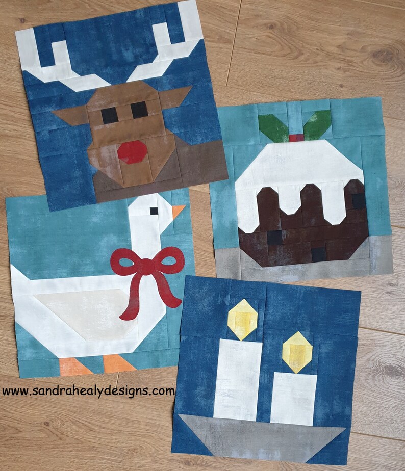 Christmas Six Piece Quilt Block Pattern Bundle, instant download PDF pattern includes Santa, Mrs Claus, reindeer, candle, pudding and goose image 4