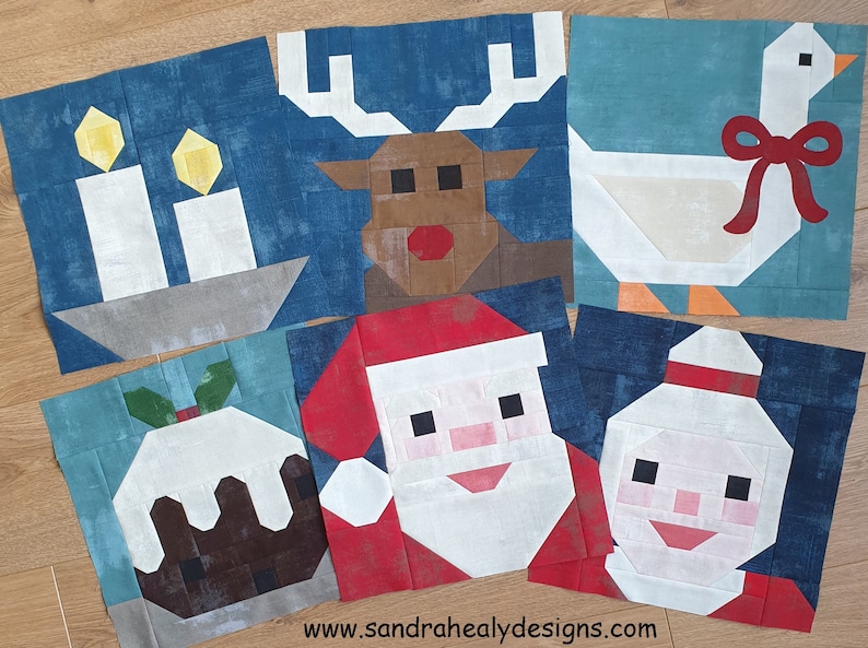 Christmas Six Piece Quilt Block Pattern Bundle, instant download PDF pattern includes Santa, Mrs Claus, reindeer, candle, pudding and goose image 1