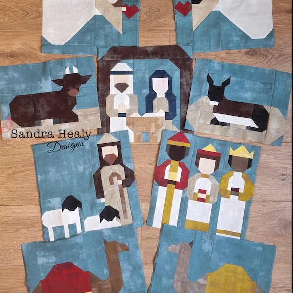 Nativity quilt pattern bundle, 8 piece: star, angel, stable, shepherd, wisemen, camel, donkey and cow patterns, instant PDF digital download