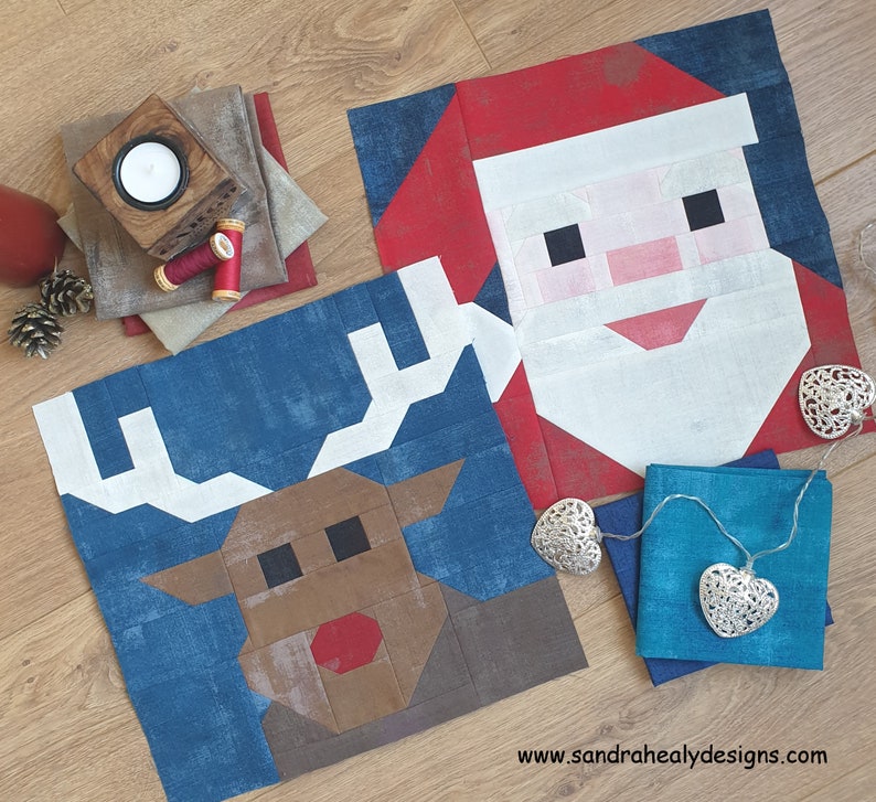 Christmas Six Piece Quilt Block Pattern Bundle, instant download PDF pattern includes Santa, Mrs Claus, reindeer, candle, pudding and goose image 3