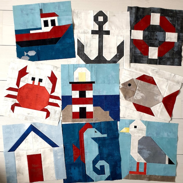 Nautical Quilt Nine Piece PDF Pattern Bundle , Seagull, Crab, Anchor, Boat, Fish, Seahorse, Beach Hut, Lifebuoy & Lighthouse Quilt Blocks
