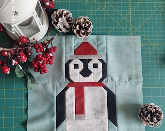 Penguin Quilt Block Pattern, machine pieced, Christmas festive quilt pattern, penguin sewing pattern