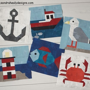 Nautical Quilt Block Six-Piece Pattern Bundle, Instant PDF Download, Seagull, Crab, Anchor, Boat, Fish and Lighthouse patterns