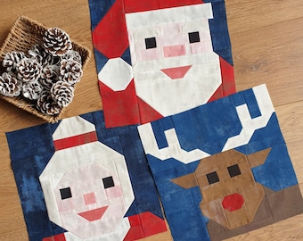 Christmas Quilt Block Pattern Bundle: Santa, Mrs. Claus, Reindeer (Digital Download PDF)