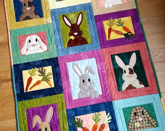 Bunny Rabbit Quilt Pattern, Digital PDF Pattern, wall hanging, cot quilt, easy machine applique