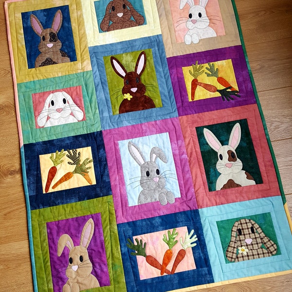 Hase Quilt Muster, digitales PDF Muster, Wandbehang, Kinderbett Quilt, einfache Maschinenapplikation