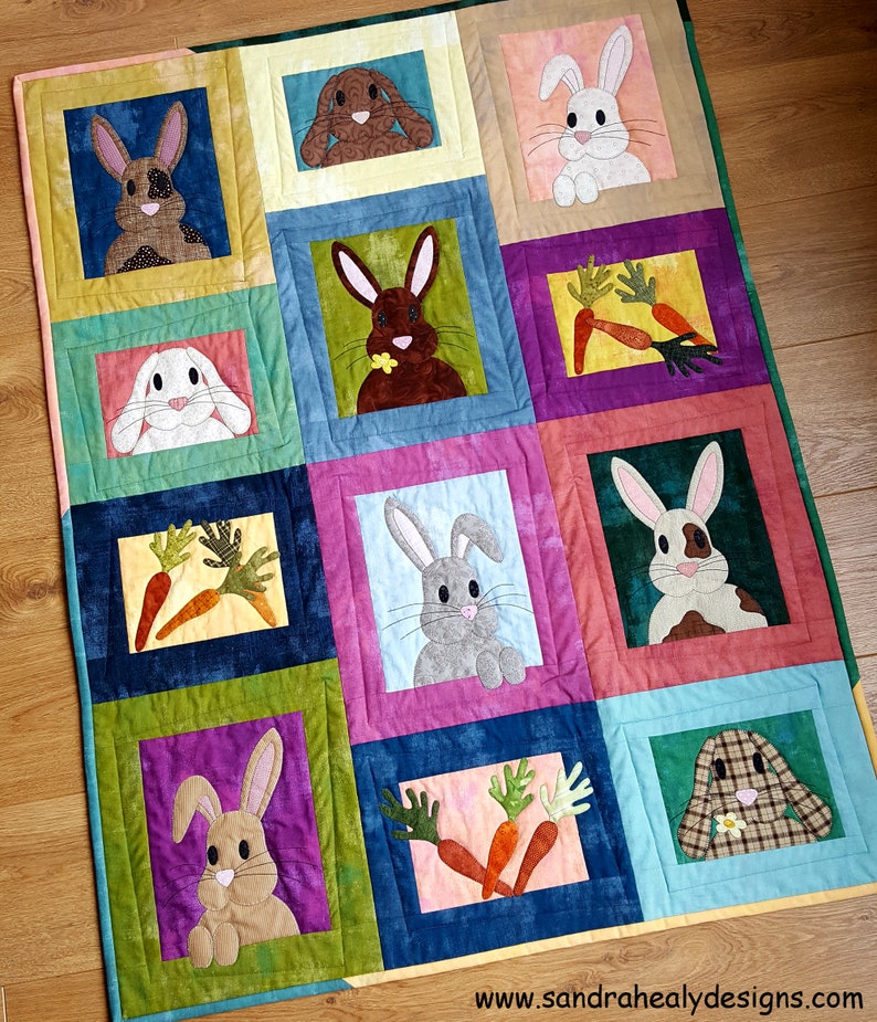 Bunny Rabbit Quilt Pattern, Digital PDF Pattern, wall hanging, cot quilt, easy machine applique image 1