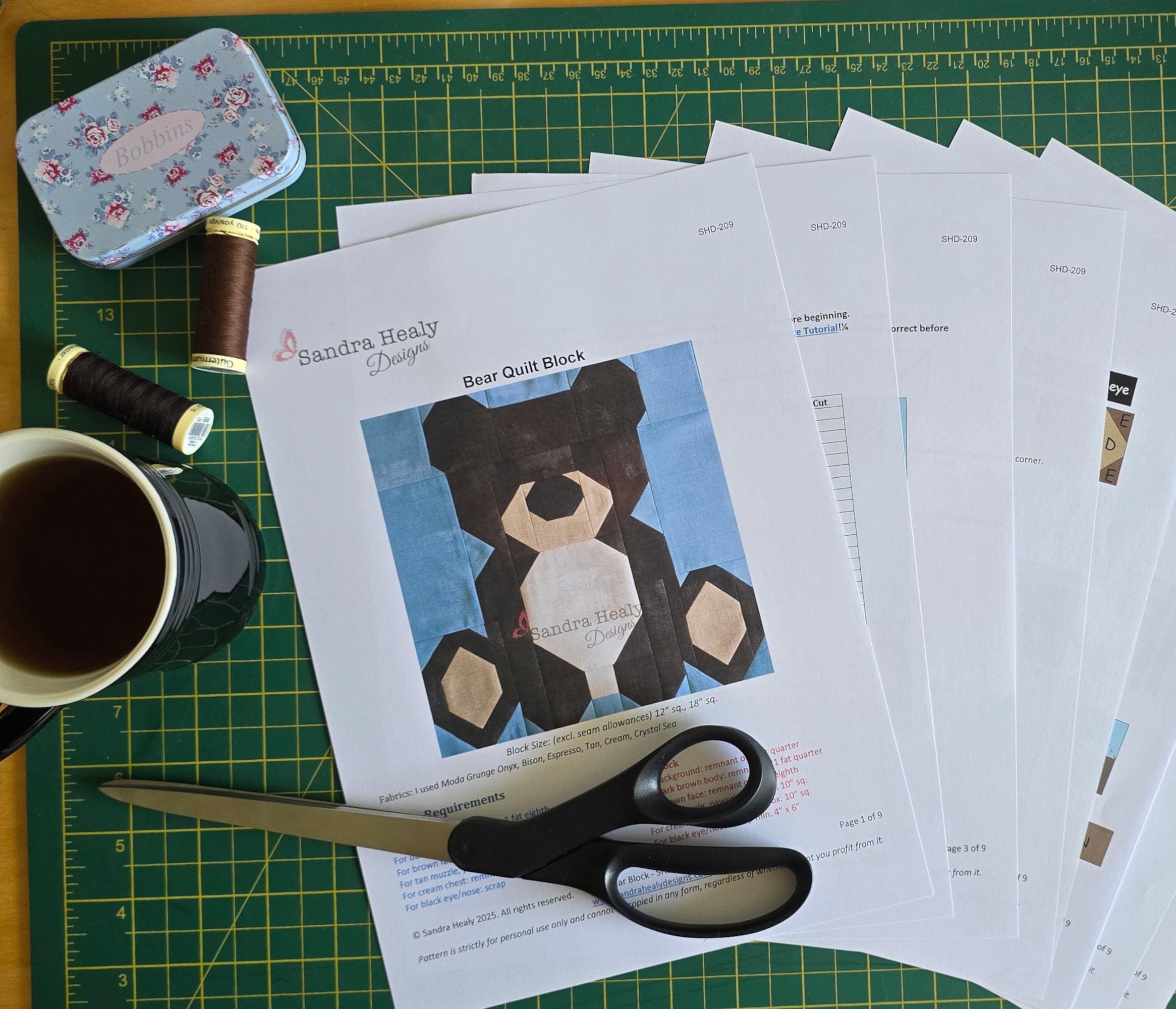 クマのキルトブロックパターン、森の動物、12インチと18インチ（PDF