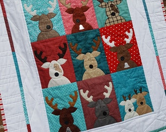 Christmas Reindeer Quilt Pattern, Applique, Instant PDF Digital Download