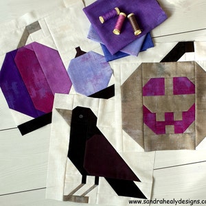 Halloween pumpkins fall quilt block pattern bundle, Instant PDF download files, machine pieced pumpkin, jack o'lantern and crow quilt block