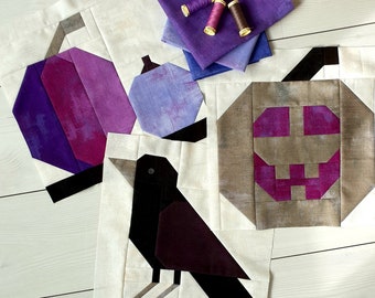 Halloween Quilt Block Pattern Bundle: Pumpkin, Jack O'Lantern, Crow (PDF Download)