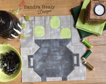 Cauldron Quilt Block Pattern, machine pieced, 12" square, pdf digital download, Halloween quilt