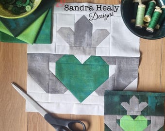 Irish Claddagh St Patrick's Day Quilt Block pattern, digital file, machine pieced