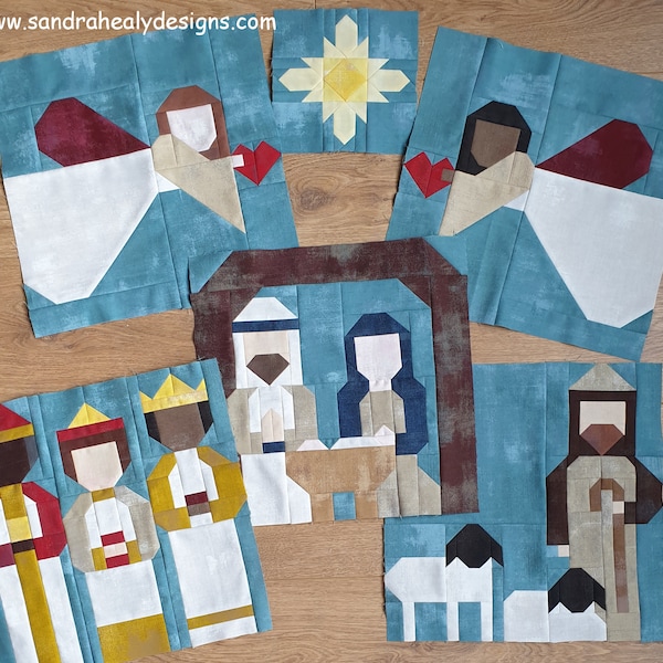 Nativity Christmas quilt block pattern bundle, five piece, Instant PDF Download, Stable, Angel, Star, Wise Men, Shepherd