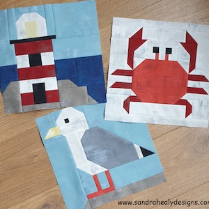 Nautical Gull, Crab, Lighthouse Quilt Block PDF Pattern Bundle Set, machine pieced
