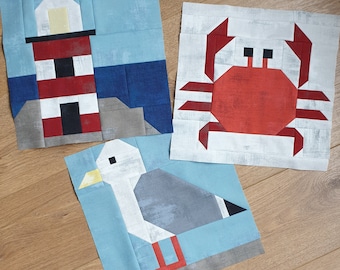 Nautical Gull, Crab, Lighthouse Quilt Block PDF Pattern Bundle Set, machine pieced