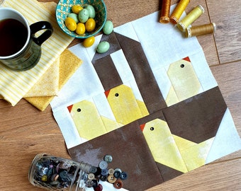 Easter chicks basket quilt block pattern, machine pieced, instant download pdf pattern, farm chick quilt pattern