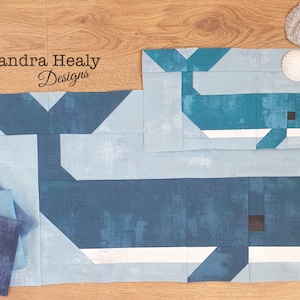 Whale Nautical Quilt Block Pattern, Left and Right facing Whales in Two Sizes, Machine Pieced, Digital Download PDF file