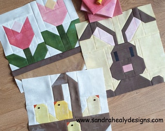 Easter Spring Quilt Pattern Bundle: Easter Bunny, Tulips, Chicks, machine pieced, instant download digital PDF