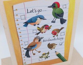 May include: A yellow card with a checklist on it. The checklist has a green bird, a blue bird, a red bird, a brown bird, a brown bird with a yellow head, and a brown bird with a white head. The checklist says "Let's go... Birdwatching" and has a green pencil next to it.