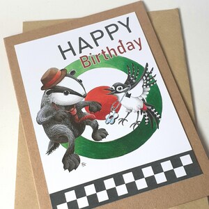 Cartão de aniversário de texugo, cartão de pica-pau, cartão de aniversário mod ska dos anos 60, cartão de aniversário de vida selvagem, cartão de observador de pássaros, cartão retrô para amigo