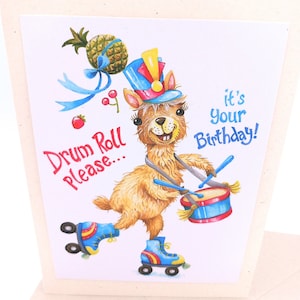 Lama verjaardagskaart, roller disco kaart, retro verjaardag, milieuvriendelijke kaart, grappige lama kunst, gerecycleerde kaart, kaart voor vriend, drummer verjaardag