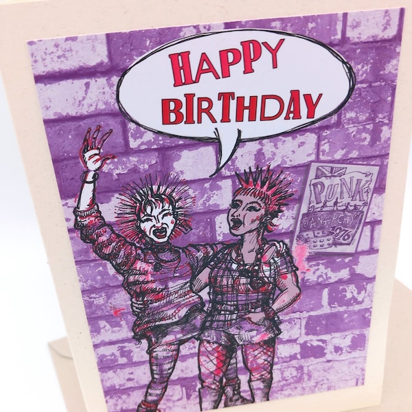 Punk birthday card, punk art card, punk rock art, 1970's punk card, anarchy card, punk girl gifts, eco friendly cards, recycled cards,